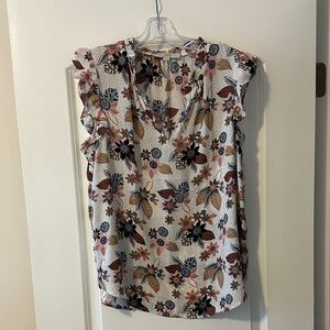 LOFT Floral Ruffle Sleeve Blouse - Cream, Black, Brown